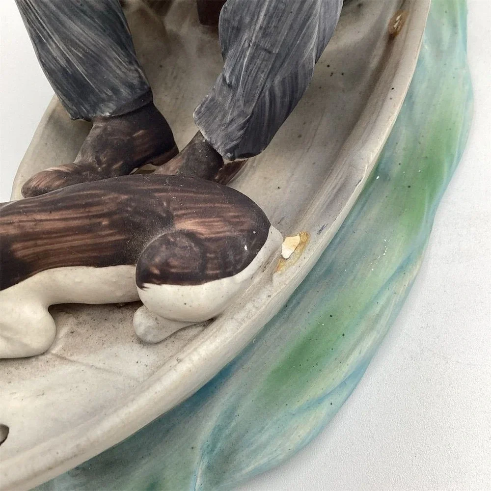 Vintage Ceramic Sleeping Fisherman with Dog‎ Figurine Nautical Decor